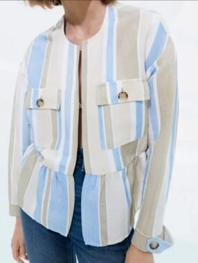Zara Blue, Tan & White Striped Peplum Jacket